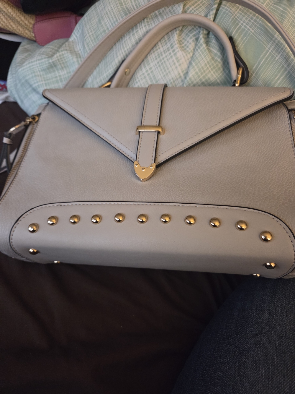 Studded Light Gray Leather Shoulder Satchel